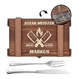 Maverton Steakbesteck 12-teilig - 6 Steakmesser und 6 Steakgabel - Edelstahl Grillbesteck in Holzkiste - personalisierte Geschenke für Männer - Besteck Set für 6 Personen