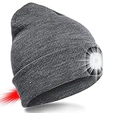 SPGOOD LED Beanie Beleuchtete Mütze mit Licht,Wiederaufladbare USB Winter Warm LED Mütze mit Licht,Lampe Laufmütze für Angeln,Jogger,Camping,Laufen(2 Lichter Hellgrau)