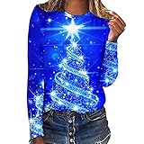 POLPqeD Long-Sleeve Damen-T-Shirt, Weihnachtsbluse, lässig, O-Ausschnitt, T-Shirt, Vintage, bedruckt, lockere Passform, Tunika, Sport, Thermo-Shirt für den Winter, blau, Large