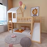 FEZTOY Etagenbett mit Leiter und Rutsche, Hausbett mit Dach und Fenster, Kinderbett Stockbett mit Fallschutz und Gitter, Rahmen aus Kiefer, 1x Lattenrost, 90x200cm