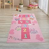 Teppich-Traum Prinzessinnen Hüpfspiel Kinder Spielteppich mit Schmetterlingen & Herzen in pink, Läufer 80x150 cm