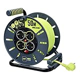 Masterplug Pro-XT 4-Fach offene Kabeltrommel mit Aufrollgriff, Thermoabschaltung und Netzschalter, 50 Meter langes Kabel mit hoher Sichtbarkeit