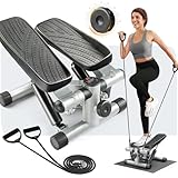 LEADZM Mini Stepper Mit Silent-Pad für Zuhause, 2 in 1 Fitness Stepper mit Gummiband, LCD Display, Timer, Kalorienzähler, Up-Down-Stepper für Bein/Arm Trainer, Schwarz und Silber