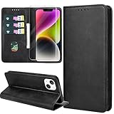 ZYIMOU Handyhülle für iPhone 14 Hülle mit Schutzfolie, Leder Schutzhülle Standfunktion Kartenfach Wallet Klapphülle iPhone 14 Flip Case Cover, Schwarz