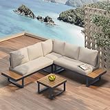 Jtyca Gartenmöbelset mit Sofa und Couchtisch, Balkonmöbel mit Eckposition und Winkelverstellbarer Liegefunktion, Lounge Möbel Outdoor mit Cushion, Verzinkte Stahlrohre (Beige + Grau)