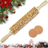 Fonyiunce Weihnachten Nudelholz mit muster Nudelholz aus Holz Nudelholz mit 3D-Prägung Geschenkidee für Gebäck Kuchen Kekse Fondants Gebäck Kekse