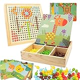 Gohytal Mosaik Steckspiel für Kinder, Spielzeug ab 2 3 4 5 Jahre Holz Mosaik Bastelset Kinder Pegboard Gabelungen mit Steckperlen & Karten Montessori Steckspiel 3D Geschenke für Jungen/Mädchen