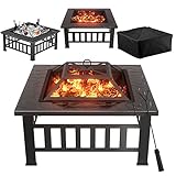 Greesum Multifunktionaler Terrassen-Feuerstelle, Tisch, 81,3 cm, quadratisch, Metall, Grill, Kamin, Hinterhof, Garten, Kamin mit Funkenschutzdeckel und Regenschutz für Camping, Outdoor-Heizung,