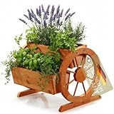 Melko Wagenrad Pflanzkübel aus Holz 44 x 42 x 40 cm – schöner Deko-Pflanzkübel mit großen Wagenrädern, Pflanzkarre, Fichtenholz