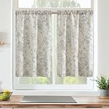 Vangao Floral Scheibengardinen Kurzstores landhausstil Küchengardinen，Leinenoptik Kurzer Vorhang Bistrogardine für Küche Wohnzimmer Badezimmer Fenster,2er Set 65Bx60H(cm),Grau auf Beige
