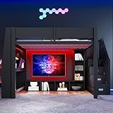 CelticHearth Hochbett 140x200 cm mit Schreibtisch, Treppe mit Stauraum, LED-Beleuchtung, Schwarz, MDF Holz, 278.5x145x170 cm