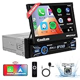 Podofo Wireless Carplay/Android Auto Autoradio 1Din Mit 7'' Ausfahrbarem Display Automatischer Bildschirm Bluetooth 5.1 Wireless Android Auto FM 2USB/MIC/Typ c/Mit Rückfahrkamera Lenkradsteuerung