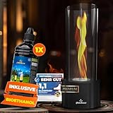 glanzfeuer® Premium Tischkamin für Indoor und Outdoor Balkon Deko 40x16x16cm, inklusive 1 Liter Flasche Bioethanol flüssig, Tischofen ohne Verrußen - Bio-Ethanolkamin, Füllmenge von 200 ml