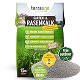 Terrauno - Rasenkalk gegen Moos & Unkraut I 15 kg Gartenkalk für 300 m² I Rasenkalk Frühjahr & Herbst - Feines Granulat & schnelle Wirkung I Tierfreundlich & Streuwagen geeignet I Rasendünger Frühjahr