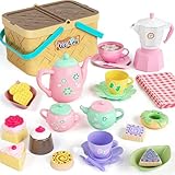 Picknickkorb Kinder Teeservice Spielküche Zubehör mit Picknick Tischdecke Kaffeemaschine Tee Set Dessert Tragekoffer Kindergeschirr Rollenspiel Spielzeug Geschenk für Jungen Mädchen 3 4 5 6 Jahre