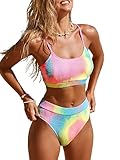 CUPSHE Damen Bikini Set U Ausschnitt High Waist Batik Regenbogen Tank Bikini Bademode Strukturiert Zweiteiliger Badeanzug Swimsuit Candy Rainbow L