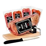 Mediterranean Tree Serrano Mini Schinken ohne Knochen, ca. 1 kg, gehärtet und vakuumverpackt + 4 Scheiben Chorizo und Wurst 100 g + Schinkenhalter und Schneidmesser + Ideal zum Zerkleinern