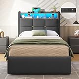 DICTAC Polsterbett 90x200 mit LED Beleuchtung und Steckdosenleiste Einzelbett mit Lattenrost Bettrahmen Erwachsene mit Stauraum Kopfteil,USB-Anschlüsse & Stauraum,Leinen Bettgestell 90x200,Dunkelgrau