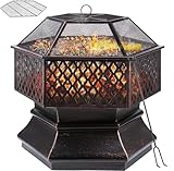 Feuerschale, Feuerschale mit Funkenschutz, Feuerschalen für den Garten, Feuerkorb mit Grillrost,Sechseckige Feuerstelle Outdoor mit Schürhaken Kohlerost, Solide und Stabil, 76*76*63 cm für Heizung/BBQ