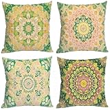 Boho Kissenbezug 50x50, 4er Set Kissenhülle Grün Kissenbezüge 50x50cm, Quadrat Doppelseitig Boho Dekokissen mit Verstecktem Reißverschluss, Zierkissen Aesthetic Room Decor, Geschenke für Frauen