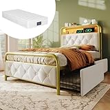 BENMWS Polsterbett,Einzelbett,90×200cm,mit Aufladen USB Type C Ladefunktion APP-Control LED Bettgestell Metallbett,Bettrahmen und 2 Schubladen,Samt(Mit Matratze)
