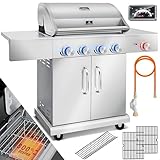 KESSER® Gasgrill mit 4 Brenner + 1x Infrarot Keramik Seitenbrenner & Piezo-Zündung | bis 800°C BBQ Grillwagen aus Edelstahl inkl. Grillrost (66cm) aus Gusseisen, Grillthermometer & Gas-Schlauch