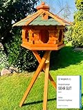 DARLUX Handgefertigtes Sechseck Vogelhaus aus Holz wetterfest M - XXL mit und ohne Ständer I Futterhaus I Futterhäuschen I wetterfest I Bitumdach (Größe XL mit Ständer, Grün - Braun)