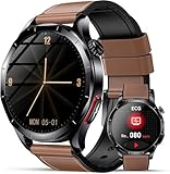 Lgnitek 2026 Neu Smartwatch Herren mit EKG/HRV/ΒΙυτｚυcker/BMI/Harnsäure, 1,43' AMOLED Gesundheitsuhr mit 24H ΒΙυtdrυck SpO2 Apnoe Schlafmonitor SOS-Notruf Fitnessuhr Android/iOS, Braun Lederarmband