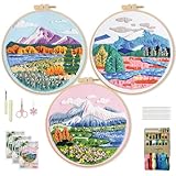 WIVLAX 3-teilig StickSet für Anfänger Erwachsene, DIY Berglandschaft Handstickerei mit Holzrahmen, Garn & Nadeln, Vollständiges Nähset für Frauen und Jugendliche, Kreative Geschenkidee