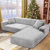 NAKIHOUSE Dicke Samt Sofa Überwürfe Sofabezug mit einem Kissenbezug, Superweicher Elastische Sofa Abdeckung in Silber Grau Farbe für 1/2/3/4 Sitzer（L-förmiges Ecksofa erfordert Zwei）