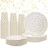 Partygeschirr, Weißgold Geburtstagsdeko Pappteller, 90 Stück Weiß und Gold Dot Partyteller Set mit Pappteller, Dessertteller und Becher zum Geburtstagsdeko, Hochzeiten, Jubiläums (30 Gäste)