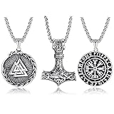 JeweBella 3 Pcs Wikinger Halskette Set für Herren Thors Hammer Halskette Kompass Halskette Valknut Drache Anhänger Halskette Edelstahl Viking Kette Mjölnir Schmuck