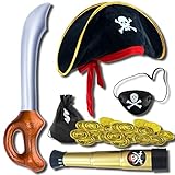 YISKY Piraten Kostüm zubehör, Piratenkostüm Kinder, Pirat Zubehör mit hut, Fernrohr, Augenklappe, messer, Münzbeutel, Kinder Cosplay Zubehör, für Karneval, Halloween und Piraten Party Kostüm Prop