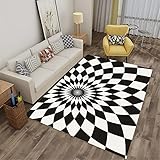 Xisnuient 3D Illusion Wirbel Schwarz Weiß Schachbrett Flächenteppich Wohnzimmer Schlafzimmer Bodenmatten Modern Teppich Wohnkultur Korridor Balkon Küche (Farbe 2,45x120 cm)