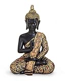 TEMPELWELT Deko Figur Buddha Statue Amoghasiddhi sitzend 15 cm, Polystein schwarz Gold rot, Dhyani-Buddha Dekofigur Thai Buddha Statue Buddhafigur