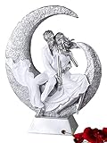 Moderne und exklusive Skulptur Liebespaar auf dem Mond aus Keramik weiß/silber Höhe 40 cm