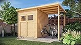 Alpholz Gerätehaus Mollie Plus 335x199 cm Fichtenholz 14 mm Wandstärke Pultdach mit Anbau und Schleppdach inkl. Montagematerial