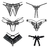 6 Packs String Ouvert Damen mit Perlen Blumen Muster Loch Set Frauen Frau, Schwarz Slip Unterhosen Spitze Sexy Tanga Strings Unterwäsche Mit Offenem Schritt Tangas V-G-String Reizwäsche Thongs Höschen