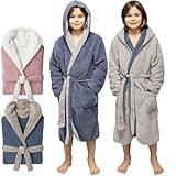 CalmyLIFE Bademantel Kinder Mädchen Jungen - mit Wendefunktion und Kapuze Teenager kuschelige Bademäntel für Jungs Kinderbademantel (158/164 Dunkelblau/Hellgrau)