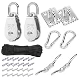 Belle Vous 2x Edelstahl M20 Flaschenzug Umlenkrollen für Seile Set - Drehhaken Seilrolle Nylon Seil Karabiner Clip & Augenpolster Platte - 150kg Belastbarkeit