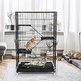 Großer Katzenkäfig mit 4 Ebenen-Zusammenklappbarer Katzenkäfig mit 360 rotierenden Rollen Rampe Leitern，Balkon Drinnen Draußen Metall Käfig für 1-3 Katze,90 x 57 x 125 cm