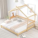 Oyemige Bodenbett 90x200, Erweiterbares Hausbett Kinder, Tagesbett, Hochbett, Kinderbett mit Lattenrost (Natur)