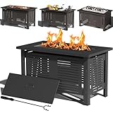 YODOLLA Holzbrennender Feuertisch, 3-in-1 Gartenfeuerstelle mit Grillrost & Grillzange Feuerschale 108x58x63cm, Metall Feuerkorb für Heizung/BBQ Grill/als Tisch für Gartenpartys verwenden, Schwarz