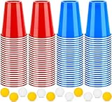 Frasheng Beerpong Partybecher,100 Becher 12 Bällen,Beer Pong Becher,Plastikbecher Rot und Blau 16oz,Wiederverwendbare Party Becher,Bierpong Becher Set,für Weihnachten,Geburtstag,Hochzeit