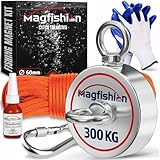 Magfishion – Magnet Fishing Kit – 300kg (2 x 150 kg) – Super Strong Neodymium Magnet – Double Sided Electromagnet – Inc. 20M Rope – Carabiner - Gloves – Thread locker - Ø 60 mm