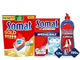 Somat Gold Spülmaschinen Tabs (80 Tabs), Extra-Kraft gegen Eingebranntes & Somat Klarspüler, Extra-Trocken Effekt, verleiht Gläsern und Geschirr Extra-Glanz | 750 ml & Somat Spezial Salz 1,2Kg