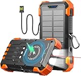 SUDROV Solar Powerbank, 26800 mAh tragbares Ladegerät mit 4 integrierten Kabeln, IPX7 wasserdicht, sturzsicher, inkl kabellosem Laden & LED-Taschenlampe für Smartphones, Tablets und Outdoor-Camping
