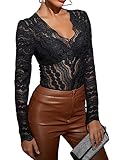 GORGLITTER Damen Durchsichtig Spitzen Dirndlblusen Langarm Spitzentop Trachtenbluse für Oktoberfest Party Outfit Oberteile Schwarz S