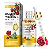 Rose & Vitamin E Öl für Gesicht & Körper, Feuchtigkeitsspendend, Anti-Aging-Falten Gegen Dunkle Flecken, Rose Ätherisches Öl für Narben, Dehnungsstreifen, Perfektes Massageöl for Entspannung, 60ml