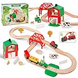 Farm Achterbahn Holzeisenbahn Set für Kleinkinder, 42 Pcs Bauernhof-Thema Holzeisenbahn Spielzeug für Kinder, Jungen und Mädchen von 3–7 Jahren